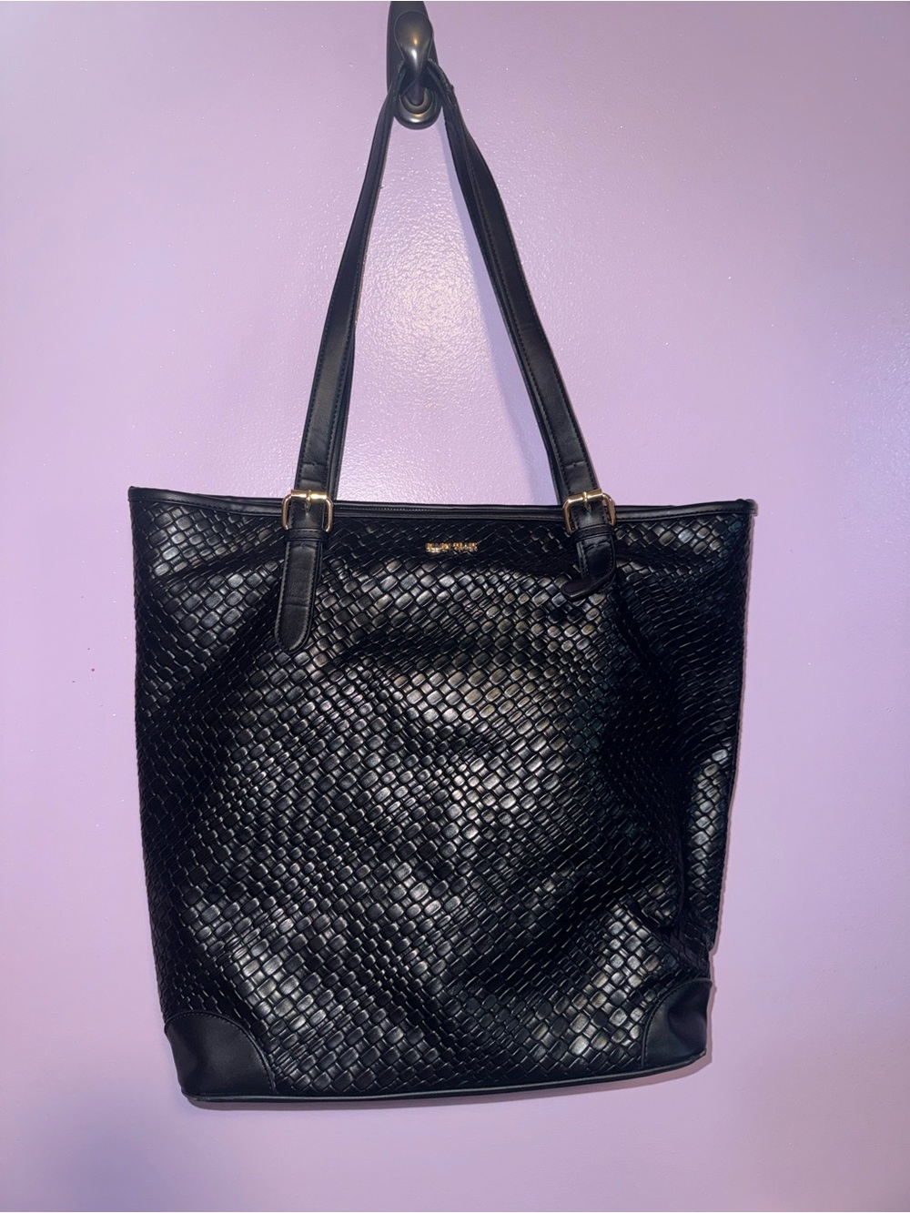 Ellen Tracy Black Woven Tote with Gold Accents